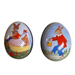 Lot Of 2 Vintage Tin Metal Easter Egg Bunny Rabbit Made In SWITZERLAND